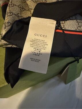 Gucci Black and Beige GG Monogram Silk Scarf with Red Stripe